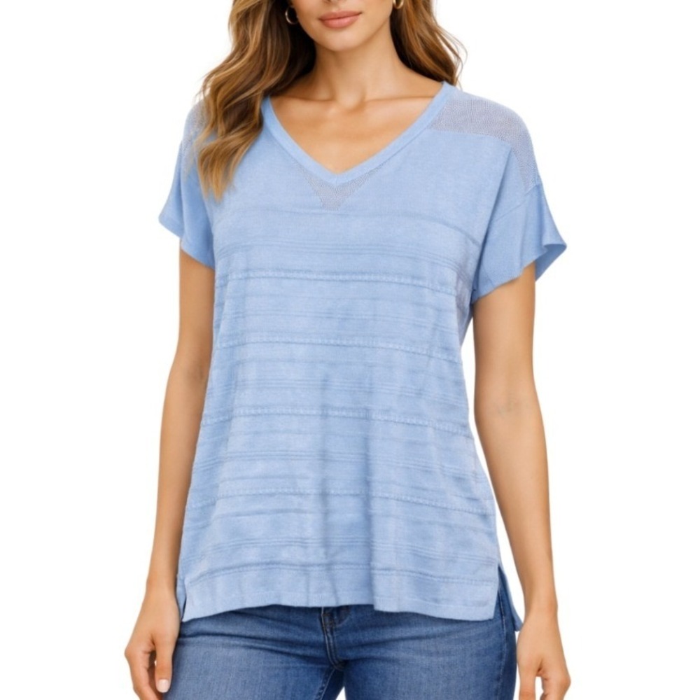 The Limited NWT Light Blue Textured Knit V Neck Short Sleeve Tunic‎ Top Womens S